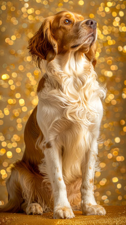 Majestic Golden Retriever with Lush Fur Sitting Against Sparkling Golden Background Captivating Dog Portrait for Pet Lovers and Enthusiasts AI Generativeの素材