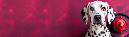 Dalmatian Dog Against Red Background with Fire Hose, Space for Text, Spotted Dog, Firefighter Theme, Red Color, High Contrast, Canine and Fire Safety Concept, Eye Catching Pet Imagery AI Generativeの素材