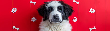 Adorable Fluffy Puppy with Black and White Fur Against Red Background with Paw Prints and Bones Cute Dog Photography for Pet Lovers and Animal Enthusiasts AI Generativeの素材