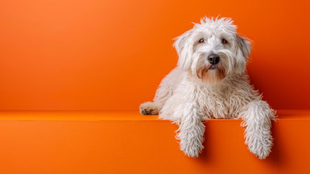 Adorable Shaggy White Dog Relaxing on an Orange Background with Fluffy Coat and Playful Expression, Perfect Pet Portrait for Animal Lovers, Bright and Cheerful Pet Photography, Happy Canine AI Generativeの素材