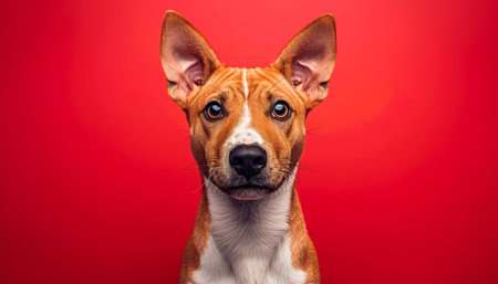 Adorable Basenji Dog with Pointed Ears Sitting Against Vibrant Red Background AI Generativeの素材