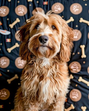 Adorable Golden Labradoodle Dog Portrait with Playful Bone and Paw Print Background, Happy and Fluffy Canine Puppy, Cute Furry Friend, Pet Photography, Animal Lover's Delight AI Generativeの素材