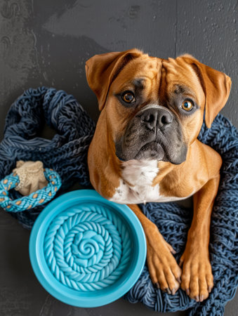 Adorable Boxer Dog with Knitted Blanket and Slow Feeder Bowl Gazing Up Innocently Cozy and Cute Pet Portrait AI Generativeの素材