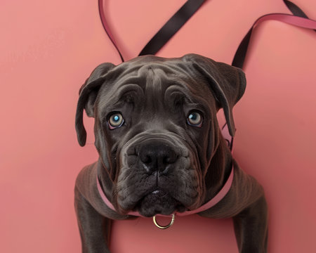 Adorable Black Puppy with Blue Eyes and Pink Leash on Coral Background High Resolution Cute Dog Photo AI Generativeの素材