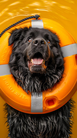 Happy Black Dog in Life Preserver Ring Floating in Water, Photography of Safety Gear for Pets, Cheerful Pet Rescued from Water, Summer Fun and Water Activities with Pets, Joyful Dog in Lifesaving Gear AI Generativeの素材