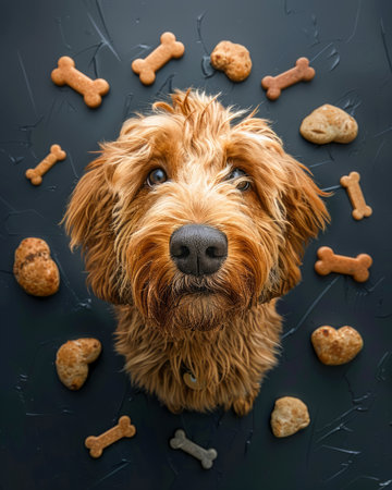 Adorable Golden Doodle Surrounded by Variety of Dog Treats in Playful and Delightful Arrangement, Making Eye Contact, Capturing Heartwarming Pet Moment, Perfect Pet Photography AI Generativeの素材
