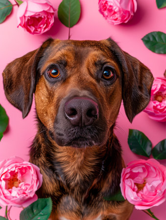 Captivating Photo of a Brown Dog Surrounded by Pink Flowers on a Pink Background AI Generativeの素材