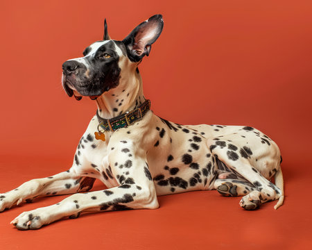 Striking Great Dane with Black and White Spots Relaxing on Orange Background Captivating Canine Portrait of a Majestic Dog with Large Ears and Distinctive Coat Patterns, Perfect for Pet Lovers AI Generativeの素材