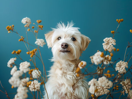 Adorable Fluffy Dog Surrounded by White Flowers Against a Blue Background Beautiful Pet Photography with a Touch of Nature AI Generativeの素材