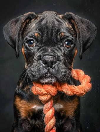 Adorable Puppy with Rope Toy in Mouth Cute Black and Brown Puppy Portrait with Playful Eyes and Relaxed Ears AI Generativeの素材
