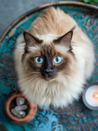 Adorable Fluffy Cat with Striking Blue Eyes Sitting on a Decorative Tray Next to a Lit Candle and Small Bowl of Crystals AI Generativeの素材