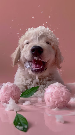 Adorable Puppy Playing with Rice Balls on Pink Background, Cute Golden Retriever Puppy Surrounded by Rice and Green Leaves, Happy Puppy Covered in Rice with Balls and Playful Smile AI Generativeの素材