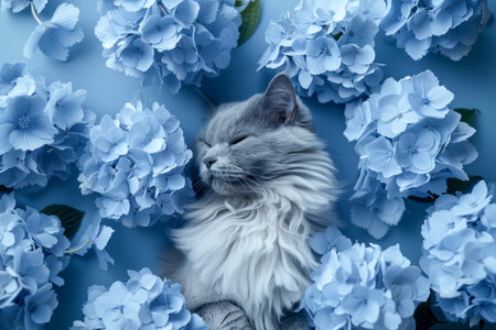Elegant Grey Cat Sleeping Peacefully Amidst Luxurious Blue Hydrangeas in a Serene Floral Setting Captivating Floral and Feline Photography AI Generativeの素材