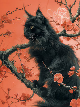 Majestic Black Cat Perched on a Blossom Tree Branch Against a Vibrant Coral Background in a Stunning Nature Scene AI Generativeの素材