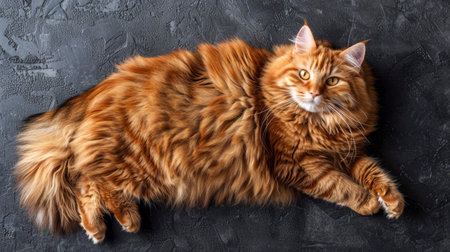 Fluffy Ginger Maine Coon Cat Resting on Dark Background Adorable and Majestic Feline with Lush Fur AI Generativeの素材