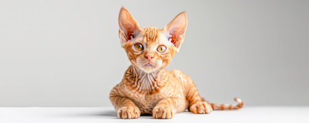 Cute Orange Kitten with Big Ears Lying on White Surface Looking at Camera Adorable Feline Pet with Striking Eyes Portrait of Young Cat with Curled Ears Studio Shot of Orange Kitten Against Plain Background AI Generativeの素材