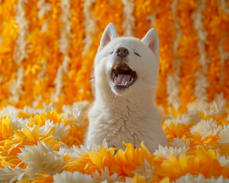Cute White Puppy Surrounded by Vibrant Yellow and White Chrysanthemums, Joyfully Howling in a Field of Flowers, Adorable Dog Enjoying Nature, Playful Pet in Blossom Garden, Happy Canine Moment AI Generativeの素材
