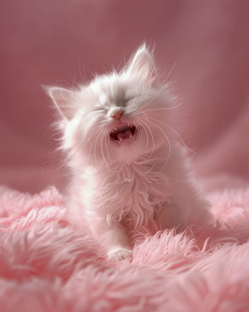 Fluffy White Kitten on Soft Pink Blanket, Adorable Little Kitten Enjoying Comfort, Cuddly and Playful Kitten, Cute Young Cat with Fluffy Fur, Relaxed Baby Cat on Cozy Pink Background AI Generativeの素材