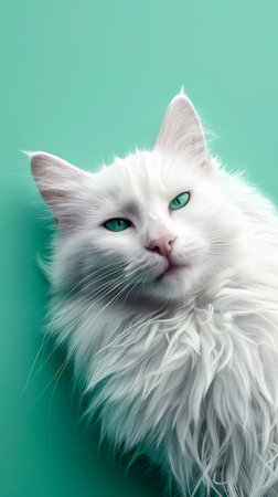 Majestic White Cat with Green Eyes Against a Mint Green Background Stunning Portrait of Elegant Feline with Fluffy Fur AI Generativeの素材