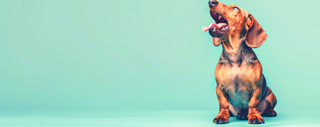 Adorable Brown Dachshund Sitting on Turquoise Background with Tongue Out, Happy and Playful Dog Portrait, Colorful Minimalist Pet Photography for Decor and Prints AI Generativeの素材