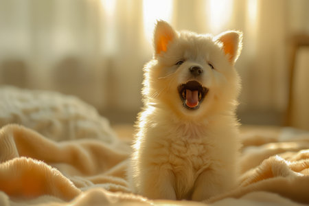 Adorable Fluffy White Puppy Yawning on Cozy Bed in Sunlit Room Cute Pet Photography Warm Morning Light AI Generativeの素材