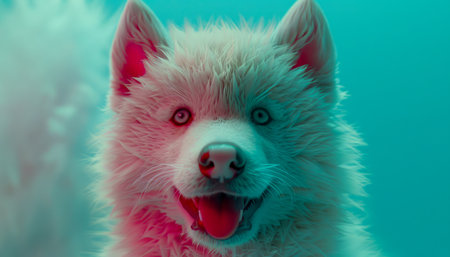 Adorable Fluffy Husky Puppy Portrait with Pink and Blue Neon Lighting and Playful Expression AI Generativeの素材