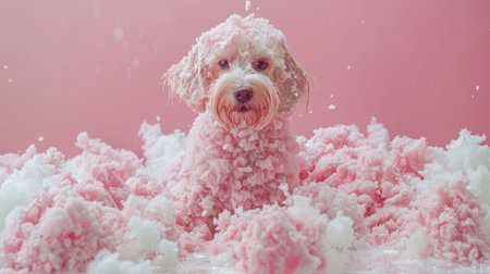 Adorable Puppy Covered in Pink and White Fluffy Bubbles Against Pastel Pink Background AI Generativeの素材