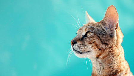 Serenely Gazing Bengal Cat with Striking Whiskers and Elegant Fur Patterns Against a Soft Turquoise Background on a Sunny Day AI Generativeの素材