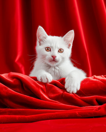 Charming White Kitten Sitting on Red Velvet Fabric Under Soft Lighting for Adorable Feline Photography AI Generativeの素材