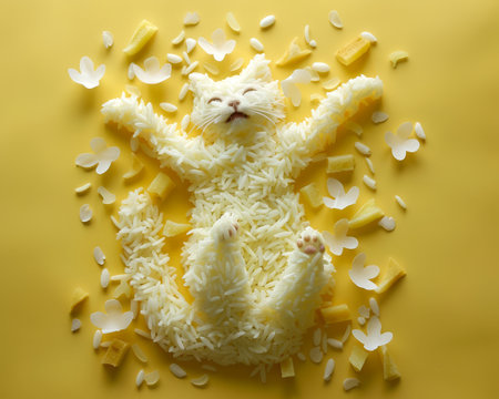 Cute Design of a Sleeping Cat Shaped from Cooked Rice on Yellow Background with Flower Petals and Cheese Creative Food Art, Adorable Pet Sculpture, Edible Cat Art, Culinary Creativity AI Generativeの素材