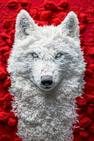 Majestic White Wolf Portrait Against Vibrant Red Background Illustrating Strength and Beauty in Nature&#39;s Wildlife Artistry Photography AI Generativeの素材