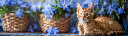 Orange Tabby Cat Relaxing on a Rustic Wooden Surface with Blue Flowers in Wicker Baskets in the Background, Capturing Nature and Tranquility AI Generativeの素材