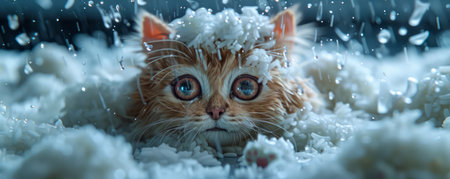 Fluffy Orange Kitten Playing in Snow Captivating Close up of Adorable Cat in Winter Wonderland Exploring Snowflakes with Wide Eyed Curiosity and Playful Antics AI Generativeの素材