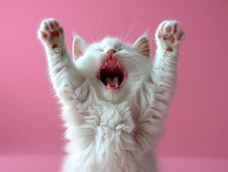 Adorable White Fluffy Kitten with Paws Raised and Mouth Open Against a Pink Background, Cute Playful Pose of a Young Cat, Fun and Lively Expression AI Generativeの素材
