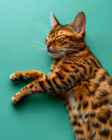 Vivid Bengal Cat Lying Serene on Teal Background, Showcasing Striking Leopard Like Coat, Elegant Paws, and Tranquil Expression Close Up of Domesticated Feline with Unique Fur Patterns AI Generativeの素材