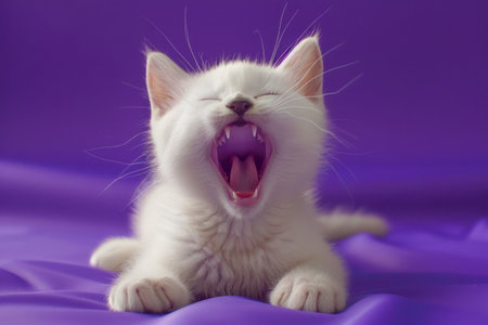 Adorable White Kitten Yawning on Purple Background Cute Cat Portrait Capturing a Playful Moment of Relaxation and Comfort with Soft Fur and Tiny Paws AI Generativeの素材