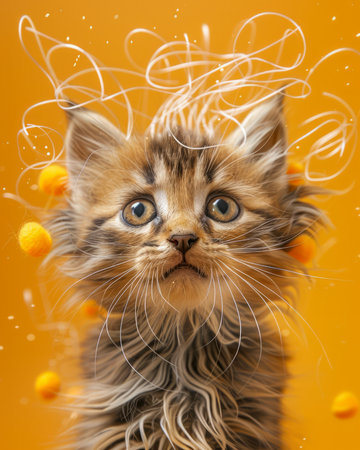 Adorable Fluffy Kitten with Curious Expression Against Vibrant Orange Background Cute, Playful, Eye Catching Photograph of a Young Cat with Intricately Patterned Fur Perfect for Pet Lovers and Animal Enthusiasts AI Generativeの素材