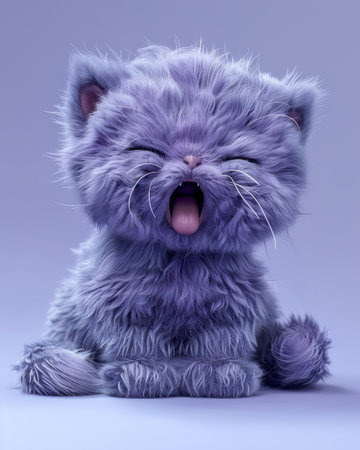 Adorable Fluffy Kitten Yawning Cute and Furry Purple Cat with Closed Eyes and Pink Tongue Playful Pet Animal Close Up AI Generativeの素材