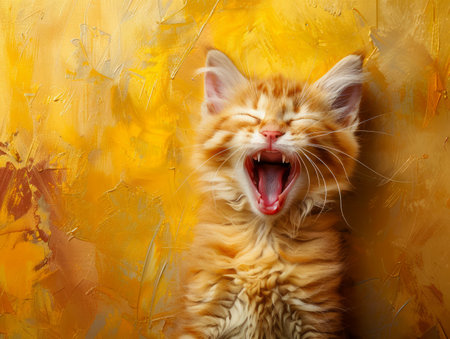 Adorable Ginger Kitten Yawning with Eyes Closed Against a Creative Yellow and Orange Background Painting AI Generativeの素材