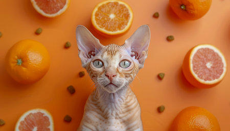 Sphynx Cat Surrounded by Fresh Oranges and Orange Halves on Vibrant Orange Background AI Generativeの素材