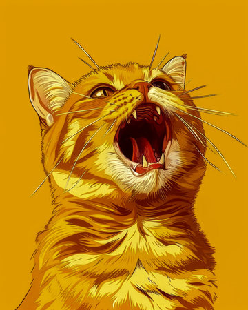 Illustrative Portrait of a Yawning Orange Cat with Detailed Vibrant Fur and Whiskers on a Bright Yellow Background Showcasing Expressions and Artistic Style AI Generativeの素材