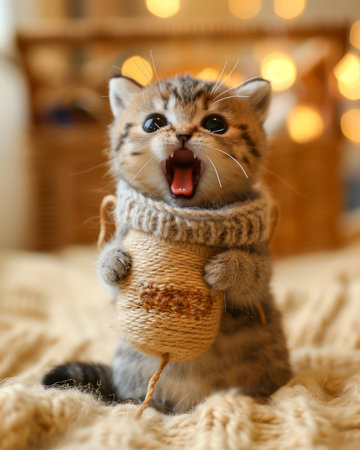 Adorable Kitten with Big Eyes Wearing a Sweater and Holding a Toy, Cozy and Cute Cat Picture for Animal Lovers AI Generativeの素材