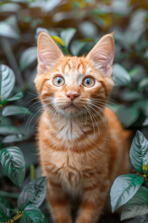 Charming Ginger Kitten with Bright Blue Eyes Sitting Among Lush Greenery in a Garden, Captivating and Adorable Feline Amid Verdant Foliage, Perfect Domestic Pet Picture, Nature and Animal Photography AI Generativeの素材
