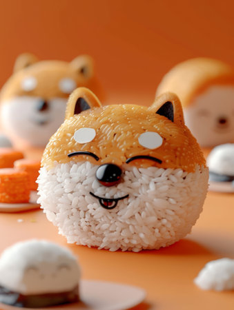Adorable Sushi Art Cute Animal Themed Sushi Rolls with Smiling Faces in Bright Orange and White Colors AI Generativeの素材