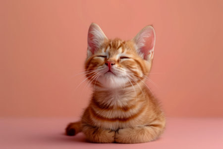 Adorable Orange Tabby Kitten with Closed Eyes Sitting Contentedly Against a Soft Peach Background Cute and Cuddly Cat Photo AI Generativeの素材