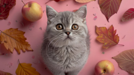 Adorable Gray Kitten with Big Eyes Among Autumn Leaves and Apples on a Pink Background Perfect for Cute Cat Lovers AI Generativeの素材