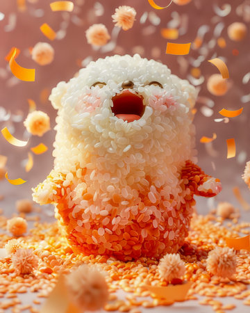 Cheerful Rice Bear Surrounded by Confetti, Celebrating Happiness, Bright Orange and White Rice Sculpture Art AI Generativeの素材