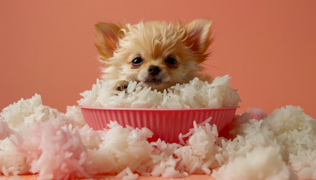 Adorable Fluffy Puppy in a Pink Bowl Surrounded by Soft Cotton and Peach Background Heartwarming Canine Photography for Pet Lovers and Animal Enthusiasts AI Generativeの素材