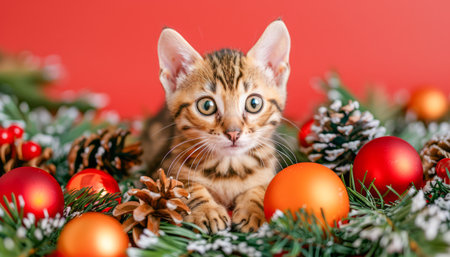 Adorable Bengal Kitten in Festive Holiday Setting Surrounded by Christmas Ornaments, Pine Cones, and Snow Covered Greenery with Red Background AI Generativeの素材