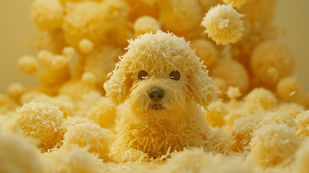 Adorable Fluffy Dog Surrounded by Golden Fuzzy Balls in a Cozy and Playful Scene Filled with Warm Light and Soft Textures Perfect for Pet Lovers, Animal Enthusiasts, and Cute Decor Inspiration AI Generativeの素材
